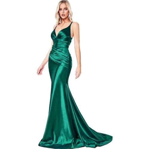 Summer Deep V Neck Backless Pleated Satin Maxi Dress Evening Party Mermaid Fishtail Stretchy