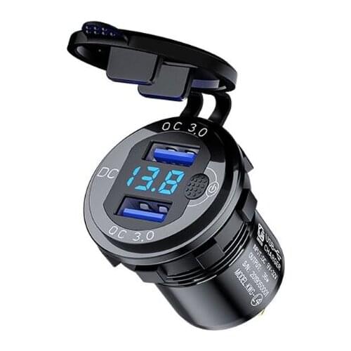 12V/24V Aluminum QC3.0 Dual USB Car Charger Fast Charge with Voltmeter Switch