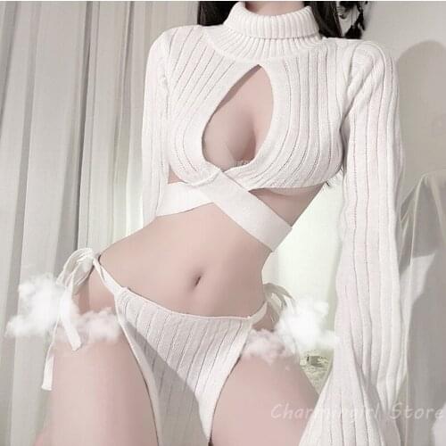 White Turtleneck Sweater Open Chest Bandage Sexy Underwear Uniform Temptation Kawaii Lingerie Virgin Killer Knitted Pullovers