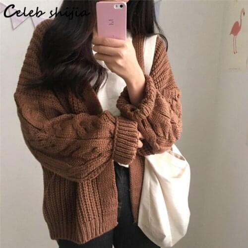 SHIJIA Brown Knit Cardigan Women Autumn Winter 2021 Long-sleeve Open Sweater Korean Preppy Style Warm Harajuku Coat Female