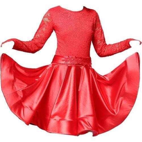 Girls Lace Floral Dancewear Latin Dance Dress Costume Competition Kids Long Sleeve 904-A915