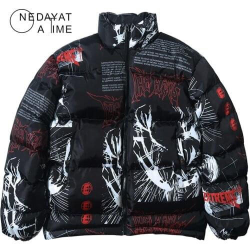 Hip Hop Jacket Parka Japanese Cartoon Graffiti Streetwear Men Windbreaker Harajuku Winter Padded Jacket Coat Warm Outwear Thick