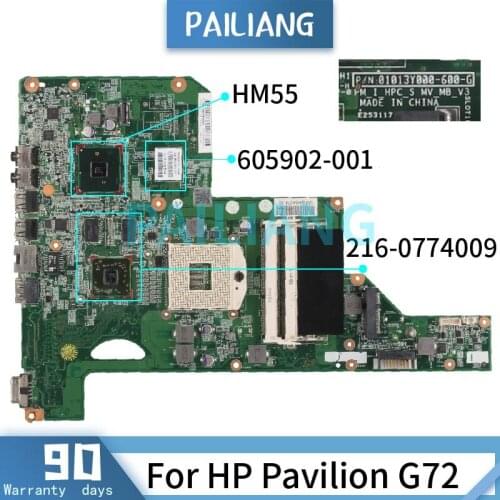 Mainboard For HP Pavilion G72 Laptop motherboard 605902-001 605902-501 01013Y000-575-G HM55 216-0774009 DDR3 Tested OK