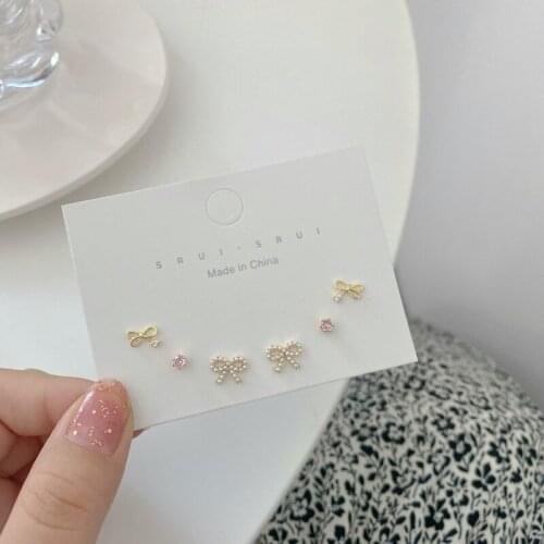 S925 Fashion Stud Earrings Three-piece Set Bowknot Pearl Zircon Temperament Girl Niche Exquisite Small Earring Trend