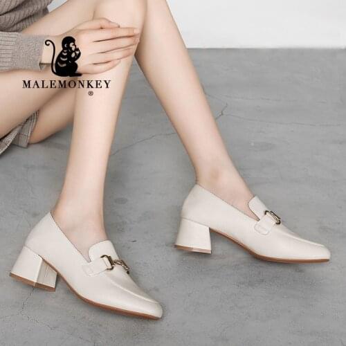 Spring Women Pumps High Heels Loafers 2021 Autumn Metal Buckle Office Work Dress Ladies Shoes Slip-on Mid Heel Zapatos Mujer