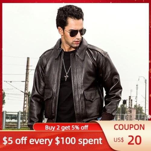 2021 Brown Men Military Style A2 Pilot Leather Jacket Europe Size XXL Genuine Natural Cowhide Autumn Aviation Coat