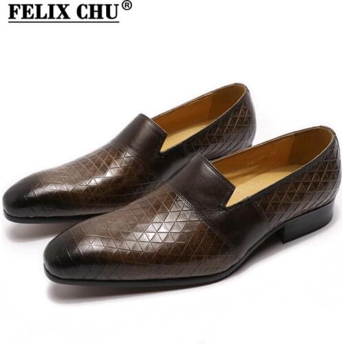 2020 Spring Mens Dress Shoes Cow Leather Brown Loafer Print Slip On Pointed Toe Genuine Leather Black Casual Business Basic Shoe