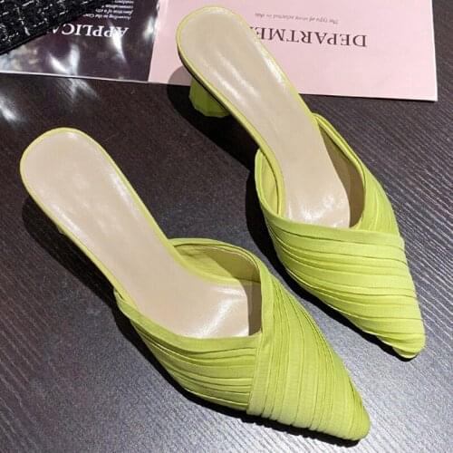 Women Mules Slippers High Heels Slides Fashion Summer Ladies Pointed Toe Flip Flops Casual Shoes Female Square Heels Slippers