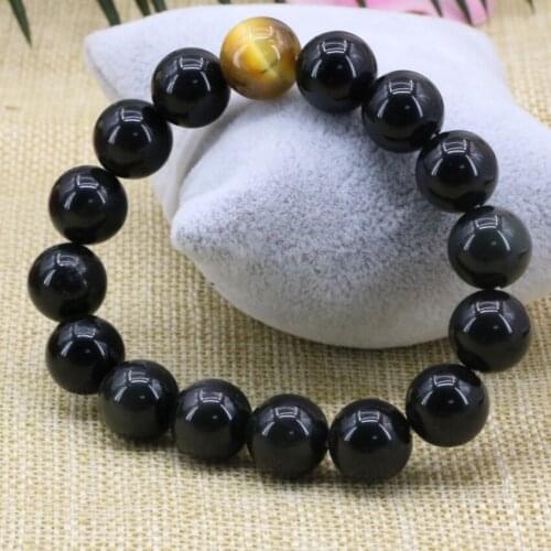 New 12mm Round Natural Black Obsidian Stone Yellow Tiger Eyes Beads Anion Bracelets Bangle Elegant Diy Jewelry 7.5inch B3165