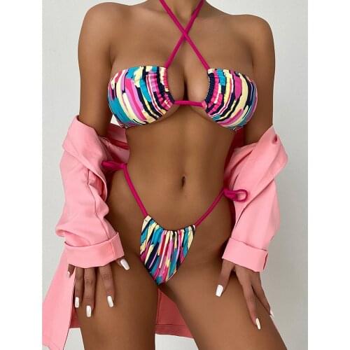 2021 New Sexy Halter Bikini Colorful Striped Print Swimwear Women Swimsuit Female Two Pieces Bikini Set Bather Bathing Suit Swim