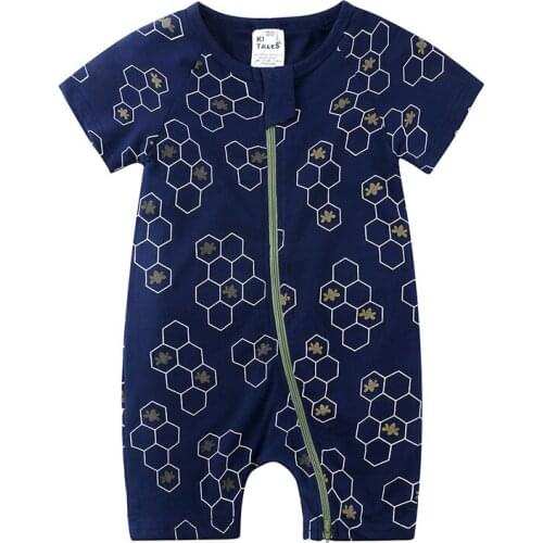 Infant Kids Clothing Short Sleeve One Piece Summer Zipper Front Open Cotton Printed Jumpsuit 0-2 Year Boys Girls Snap-up Rompers