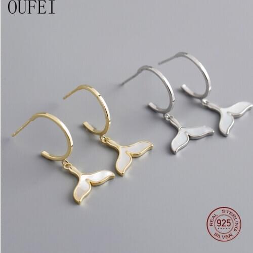 OUFEI 100%925 Sterling Silver Earrings For Women Drop Earring Gold Color Fish Tail Korean Mermaid Charm Earrings Girl Gift