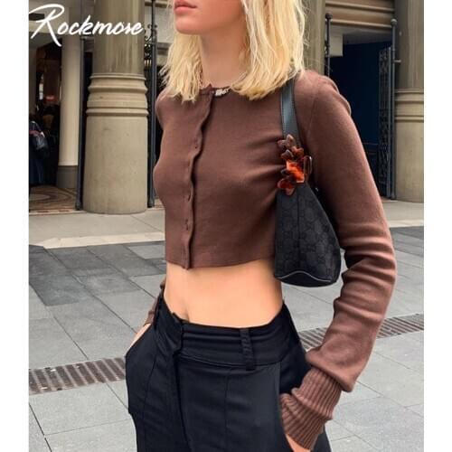Rockmore Brown Bodycon Long Sleeve T Shirt Women Y2K Harajuku Button Up Crop Top Knit Cardigans Autumn Solid Tops Tee Knitwear
