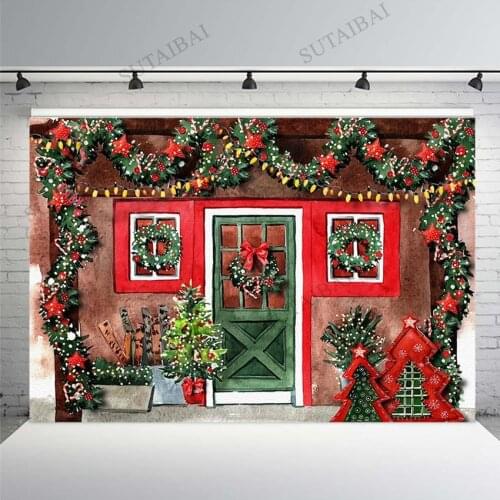 Christmas Shop Backdrop Xmas Party Banner Lights Wreath Christmas Tree Wood Door Kids Portrait Photography Background Vinyl