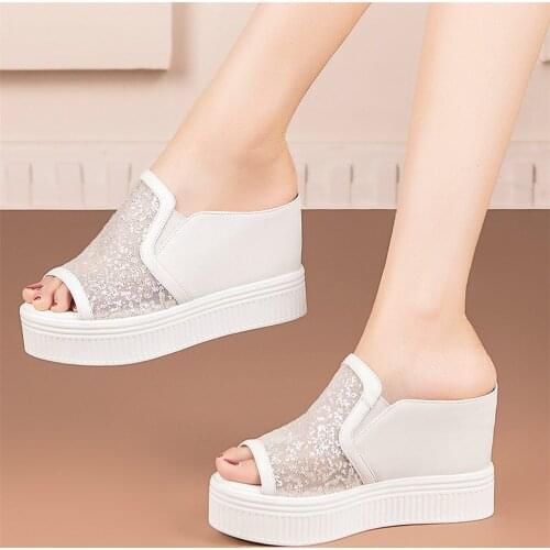 Fashion Sneakers Women Cow Leather Wedges High Heel Roman Gladiator Sandals Female Slip On Open Toe Platform Pumps Casual Shoes