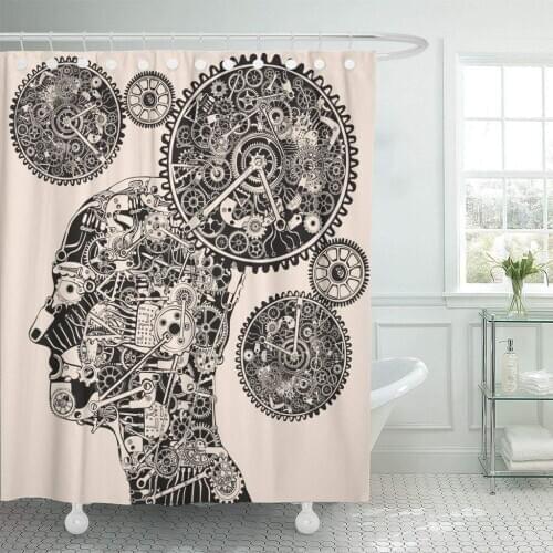 Steampunk Time Gear Clock Drawing Brain Watch Shower Curtain Waterproof Polyester Fabric 72 x 78 Inches Set with Hooks