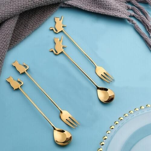 Cartoon Cat Fish Pattern Stainless Steel Coffee Stirring Spoon Cake Fruit Fork Cutlery Tableware Kitchen Coffeeware Tool