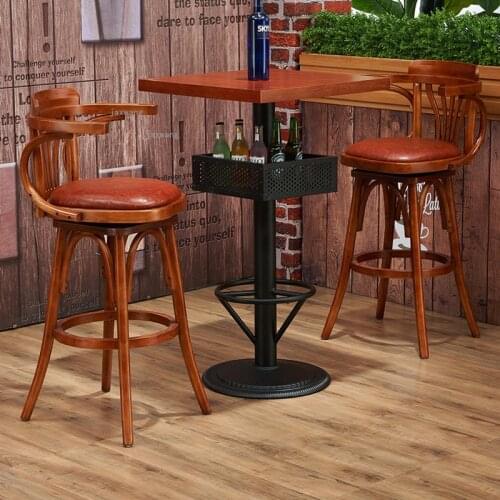 Retro Restaurant Living Room High Bar Chair Coffee Shop Household Back Armchair Solid Wood Kitchen Rotating Bar Table Chairs