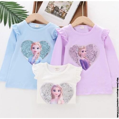 Disney Girls' Spring Long Sleeved Blouses Childrens Kids Frozen Elsa T-shirt Cartoon 1-9 Ages Princess T Shirt birthday gift