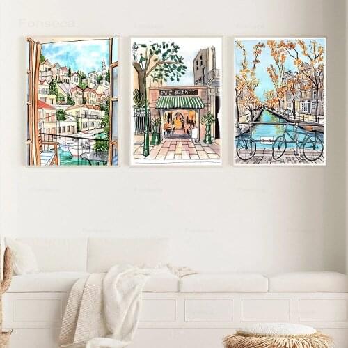 Vintage Travel Cities Landscape Art Painting Greece Amsterdam New Orleans Retro Poster and Prints Wall Picture for Bedroom Decor