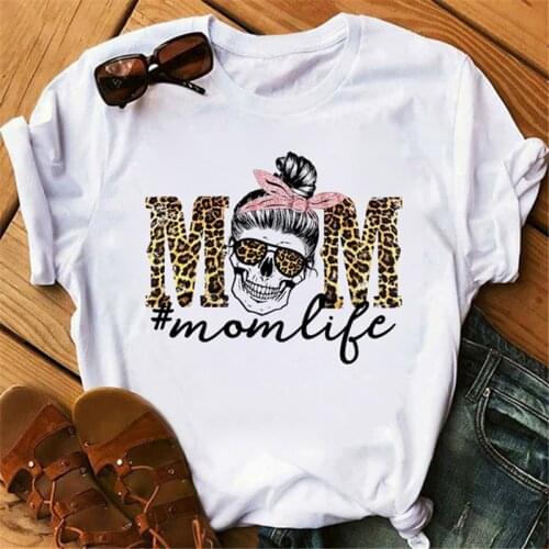Womens Summer T-shirt Harajuku Skull Leopard Turban T-shirt Ladies Short Sleeve Clothes Graphic MAMA T-shirt Mom Life Tops