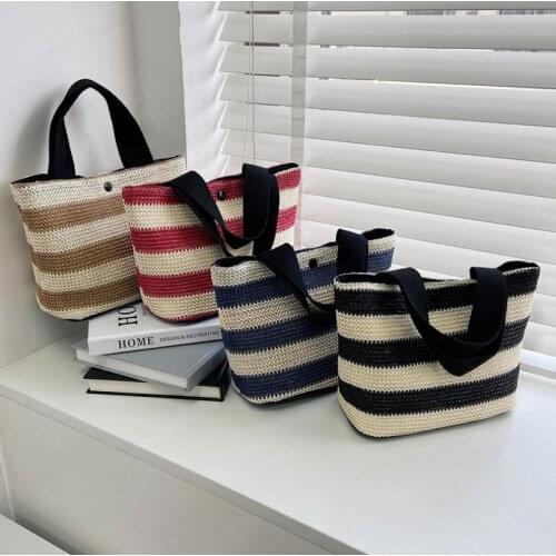 Women Woven Tote Bag, Color Block Striped Straw Bag with Magnetic Snap (Red, Khaki, Dark Blue, Black)