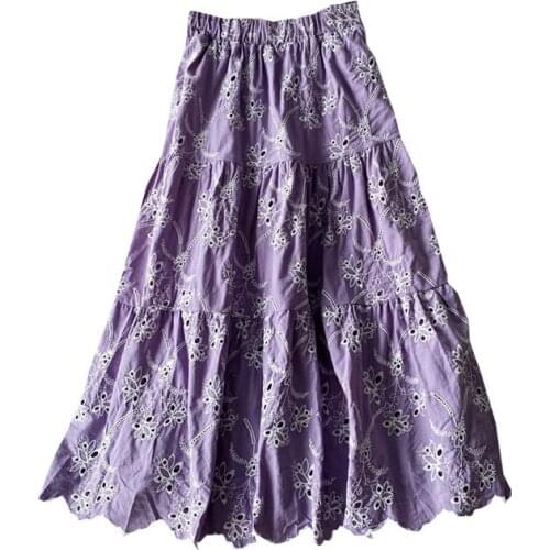 2021 New Spring Autumn Women Elastic High Waist Slim Long Skirt High Quality Flowers Embroidery Hollow Out Vintage Skirt