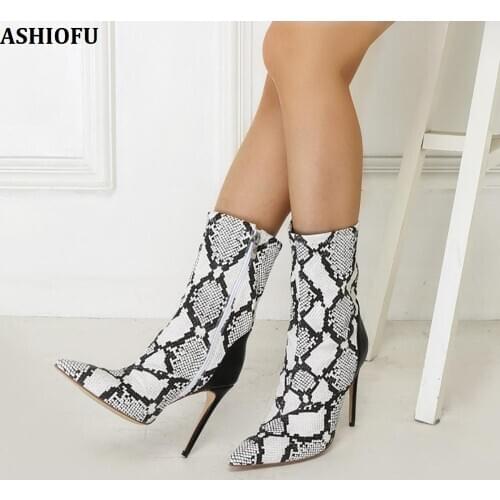 ASHIOFU Handmade New Ladies High Heel Boots Pointed-toe Party Prom Ankle Boots Large Size Evening Fashion Boots Shoes