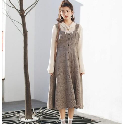England Style Autumn Spring Women Elegant Dress Spaghetti Strap Plaid Female Vestidos Sleeveless Formal Woolen Cute Dress