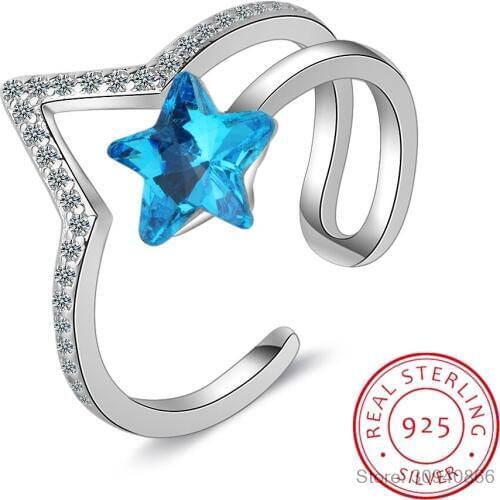 New Temperament Fashion Wild Women Blue Crystal 925 Sterling Silver Jewelry Personality Stars Opening Rings SR380