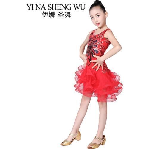 Children Latin Dance Dress New Sequins Mesh Latin Dance Stage Performance Clothing Girls Latin Tango Salsa Competition Dress Red