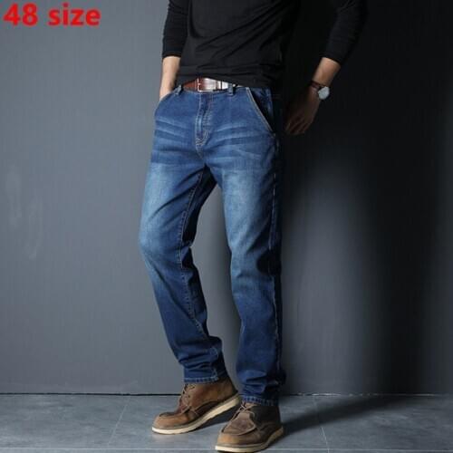 Autumn and winter models elastic zipper pocket jeans men straight casual black plus fertilizer XL pants big size 48 yards