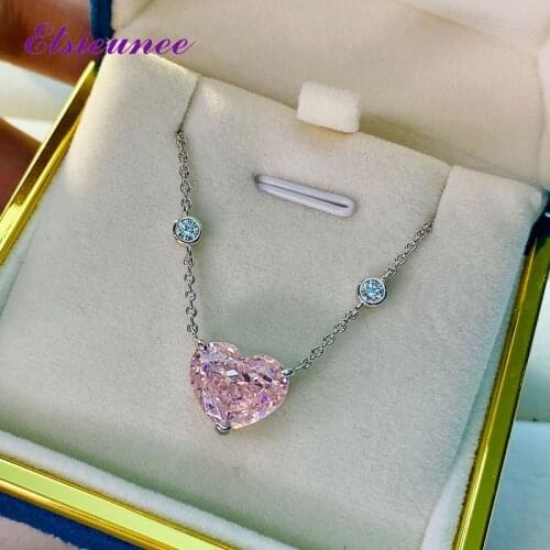 ELSIEUNEE Romantic Solid Silver 925 Heart Design Girl Friend Wife Pink Sapphire Citrine Pendant Necklaces Wedding Fine Jewelry
