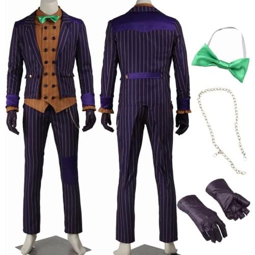 Game Arkham Knight Suit Cosplay Costume Villain Joker Outer Wear Halloween Carnival Clown Outfit With Tie