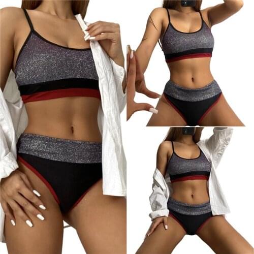 Meihuida 2021 Women’s Color Blocking 2Pcs Shiny Bikini Suit Low U-neck Tank Tops with High Waist Triangle Bottoms Swimwear