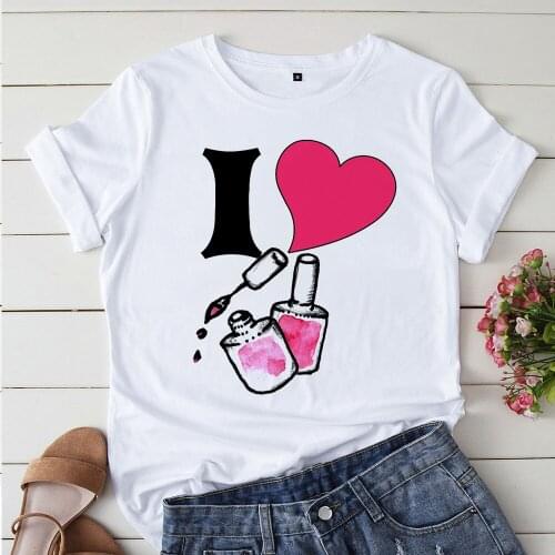 Korean Style Cute Love Nail Polish White Tshirts Femme T Shirts 90s Graphic Tshirt Camiseta Mujer Cute Casual Girl Tee