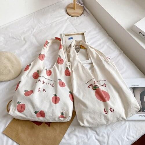 Fashion Womens Bag Cute Peach Print Design Canvas Shoulder Bag Casual Female Bag Large Capacity Tote Luxury Shopper Handbags