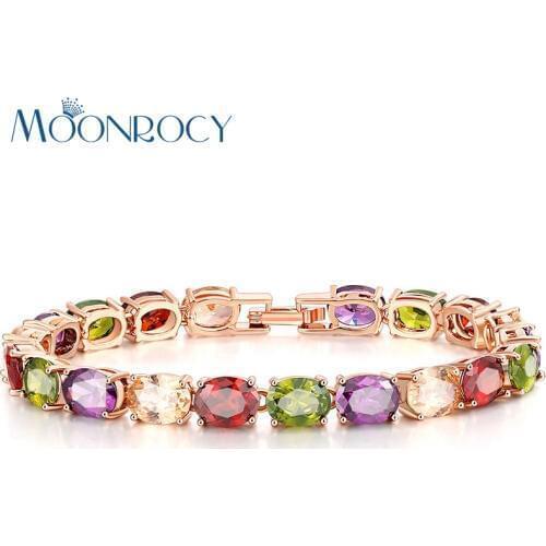 MOONROCY Free Shipping Rose Gold Color Austrian Colourful Crystal Cubic Zirconia Bracelet Jewelry Bangle for Girl Women Gift