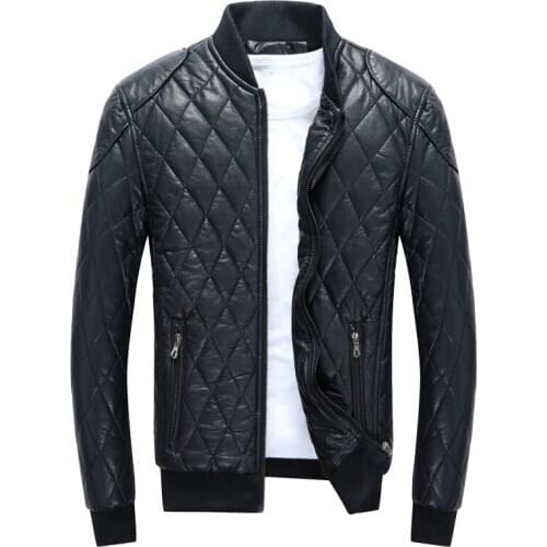 Mens Leather Jackets Stand Collar Thick Warm Motorcycle Bike Riding Faux Jacket Male Fashion Velvet Plaid PU Coats