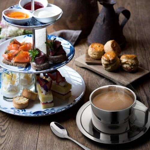 Stainless steel coffee cup set- Double walled Insulated Coffee Mug Latte Cappuccino Milk Cup with Saucer and Spoon (3packs)