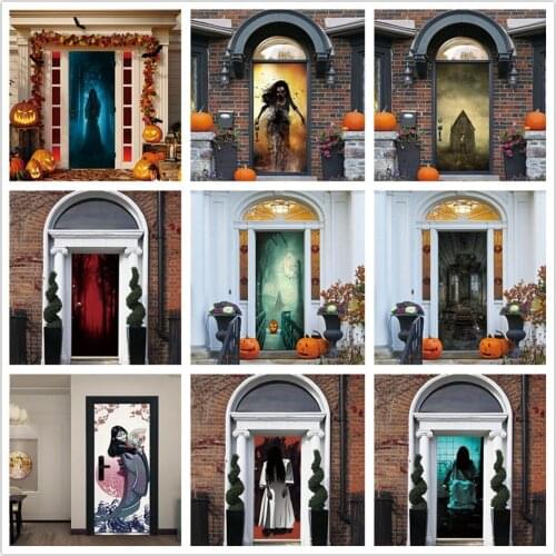 Pumpkin Bat Halloween Door Cover Stickers Self-adhesive Removable Horror Wallpaper For Doors Living Room Bedroom Renew PVC Mural