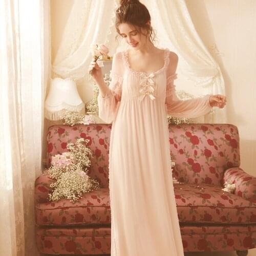 Nightgown Elegant Princess Woman Lace Sleeve Long Nighty For Ladies 2 Color Pink White