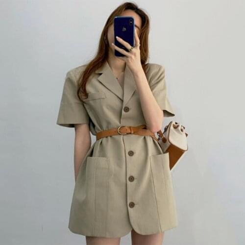 GOOHOJIO 2020 New Casual Short Sleeve Suit Dress Women Single Breasted Solid Color Women Dress Autumn Temperament Dress Ladies