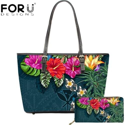 FORUDESIGNS New Fashion Lady PU Leather Handbag And Purse Set Hawaii Hibiscus Floral With Turtle Printing Women Top Handle Sac