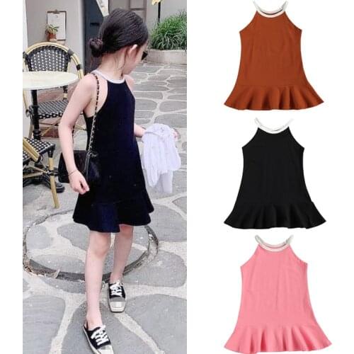 1-6Y Summer Fashion Casual Infant Kids Girls 3 Colors Solid Off Shoulder Sleeveless Ruffle Trumpet Dress Sundress