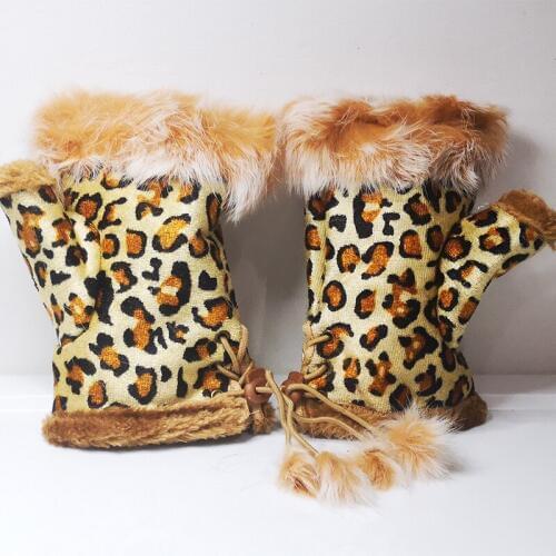 Female half finger gloves winter warm gloves rabbit fur suede leopard print finger plus velvet Computer typing gloves E66