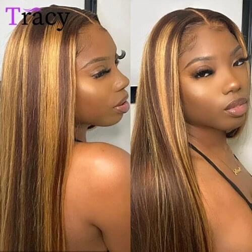Straight Highlight Wig Human Hair 4/27 Ombre Hair Wig Peruvian 4x4 Lace Closure Human Hair Wigs Brown Colored Straight Lace Wigs