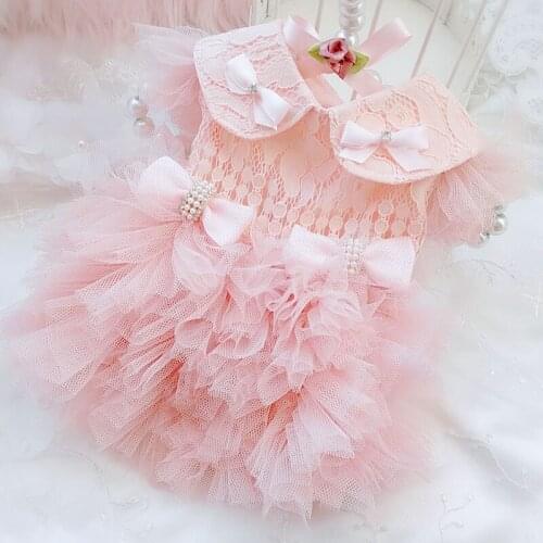 Handmade Luxury Dog Dress Clothes Pet Apparel Classic Pink Lace Ribbon Bow Peter Pan Collar Princess Tiered Skirt Tutu Maltese