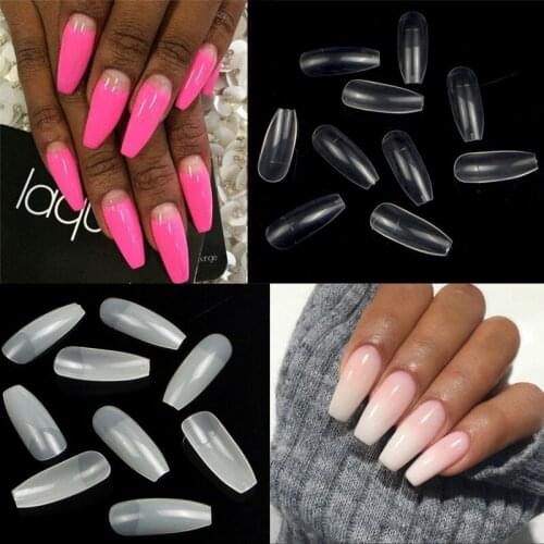 TKGOES 5 set of New hot False Coffin nails Natural/Transparent Fake nail Ballerinas Coffin Nail half design Acrylic Nails