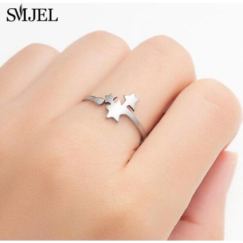 Stainless Steel Open Rings Fashion Three Star Ring for Women Teen Jewelry Everyday Wear 2021 Hollow Star Moon Bague Party Gift